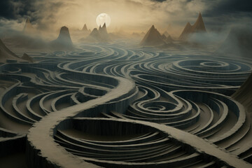 Serpentine Terrains Under Moon. Ethereal Dreamworld. Surreal Nature