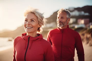 Foto auf Acrylglas Adult Caucasian couple in sportswear jogging along a picturesque seashore. Cheerful mature athletic man and woman smiling while running in a beautiful fresh morning. Active lifestyle for all ages. © Georgii