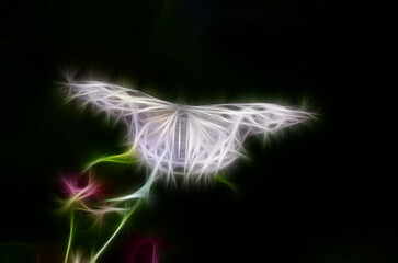 A white butterfly sitting on a plant with a blurred background line art in neon style
