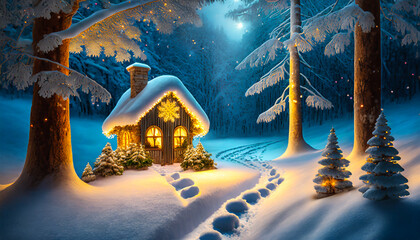 Snowy forest scene with animal tracks in the snow and an illuminated toy house