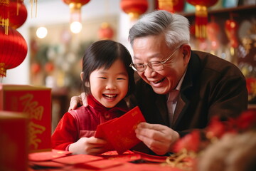 Multi generation family celebrating Chinese New Year - obrazy, fototapety, plakaty