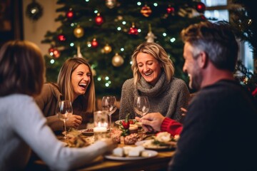 A Group of Joyful Friends Sharing Laughs Over a Christmas Cracker Joke During a Festive Holiday Gathering