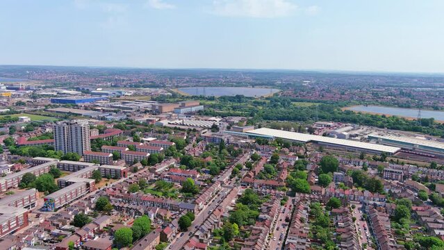 London, England: Aerial view of capital city of UK, Tottenham (Borough of Haringey) on sunny summer day with clear blue sky - landscape panorama of United Kingdom from above