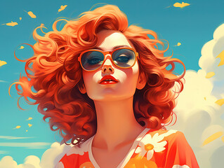 Beautiful girl with red hair and sunglasses in summer, illustration generative AI