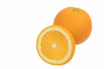 Natural orange fruit with cut in half and isolated on white background.