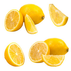 Set of fresh whole and cut Lemon and slices isolated on white background. From top view.