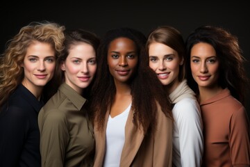 Obraz premium Half-length portrait of five cheerful young diverse multiethnic women outdoors. Female friends in beautiful dresses smiling at camera while posing together. Diversity, beauty, friendship concept.