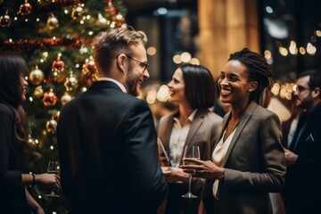 A vibrant scene of professionals networking at a festive holiday mixer, filled with twinkling Christmas lights and joyous laughter - obrazy, fototapety, plakaty