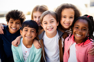 Happy smiling multiethnic kids posing for group portrait in a school yard. Cheerful schoolchildren hugging and looking at camera. Kids of different skin color go to school together. Diversity concept.