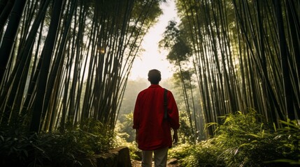 stunning landscape bamboo forest with red jacket man male traveller walking along the path with...