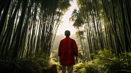 Foto op Canvas stunning landscape bamboo forest with red jacket man male traveller walking along the path with sunrise rear view of male walking in bamboo attraction place forest garden © VERTEX SPACE