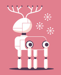 Robot deer with electronic snowflakes. Digital New Year 2024 concept. Flat vector illustration in cartoon style.