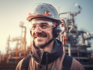 Engineer in industrial plant smiling happily, success concept at work