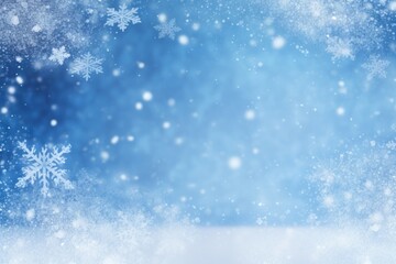 Falling snow and snowflakes. Winter christmas abstract blue background, 