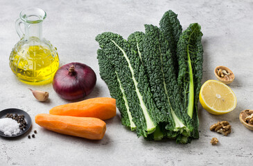 Ingredients: black tuscan kale leaves (cavolo nero or lachinato kale), carrots, red onion, garlic, olive oil, lemon, walnuts and spices for a healthy diet salad on a gray textured background