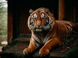 Obraz premium tiger near the hut on the doorstep