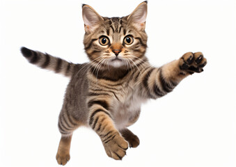 A beautiful tabby cat jumping full body on a white background