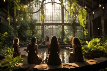 Fototapeta premium A yoga instructor leading a group through a serene spa garden session.