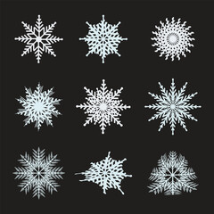 Winter snowflake. Snowflake icon collection for winter holiday decoration. Set white snowflake icons collection isolated on black background. 