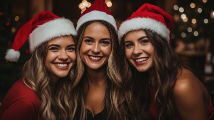 A happy woman dress up in Santa Claus hat at Christmas celebration party.