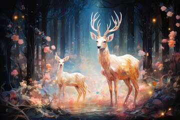 Bajkowy magiczny jeleń w fantastycznym lesie.  - 674596888