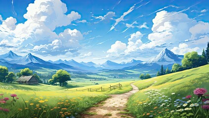 Piękny krajobraz wiejskich pół z wydeptaną ścieżką i puszystymi chmurami na niebieskim niebie. Obraz cyfrowy w kreskówkowym stylu anime.  - obrazy, fototapety, plakaty