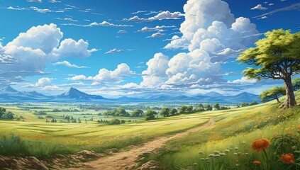 Piękny krajobraz wiejskich pół z wydeptaną ścieżką i puszystymi chmurami na niebieskim niebie. Obraz cyfrowy w kreskówkowym stylu anime.  - obrazy, fototapety, plakaty