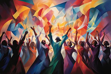 Grupa ludzi świętująca i tańcząca na kolorowym abstrakcyjnym tle.  - obrazy, fototapety, plakaty