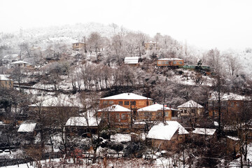 Fototapeta na wymiar Winter landscape of a mountain village. Houses and trees covered in snow on a hill in Georgia