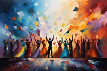 Grupa ludzi świętująca i tańcząca na kolorowym abstrakcyjnym tle. 