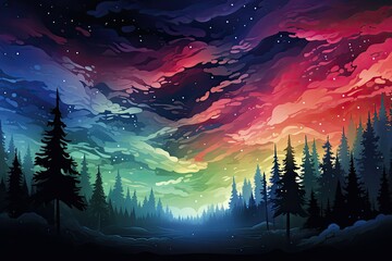 Kolorowe chmury i nocne gwiaździste nocne niebo z lasem w blasku księżyca.   - obrazy, fototapety, plakaty