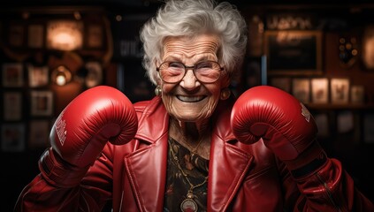 Starsza kobieta w rękawicach bokserskich gotowa do walki.  - obrazy, fototapety, plakaty
