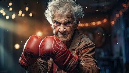 Starsza kobieta w rękawicach bokserskich gotowa do walki.  - obrazy, fototapety, plakaty