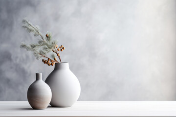 Two ceramic vases holding delicate pine branches standing against a textured minimal grey background. Empty winter banner mock up with copy space for text
