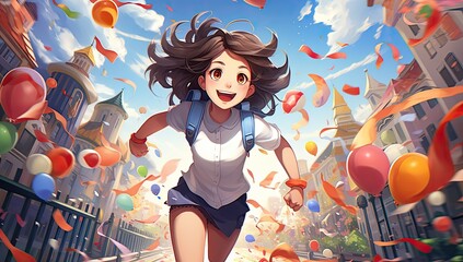 Dziewczynka anime biegnąca przez miasto.  - obrazy, fototapety, plakaty