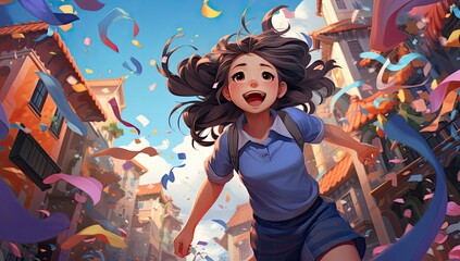 Dziewczynka anime biegnąca przez miasto.  - obrazy, fototapety, plakaty