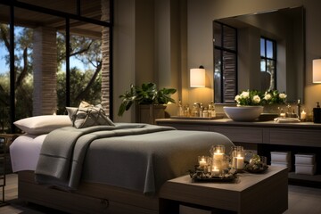 Fototapeta premium A serene spa room with soft, dimmed lighting, a massage table draped in luxurious linens.