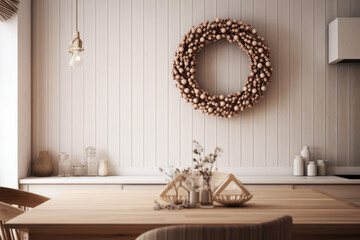 Cozy dining area features a festive Christmas decorative wreath hanging on a white wall. Scandinavian nordic interior concept