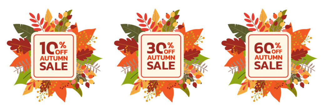 Autumn sale badge or label set. Fall discount leaf banners. 10, 30, 60 percent price off signs with foliage background. Vector illustration.