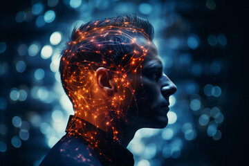 Side view of human man male face on dark background with glowing neon network nodes and interconnected pathways. Artificial intelligence concept