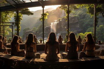 A woman participating in a group yoga class in an open-air spa pavilion.