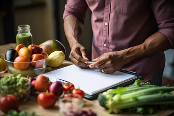 Man selecting healthy food options and preparing shopping list