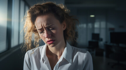 Depressed woman working in office. 