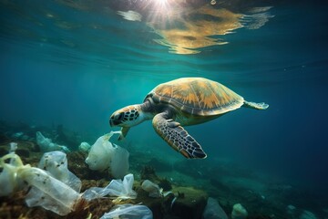 Obraz premium Plastic pollution in the ocean Sea turtle eats plastic bag