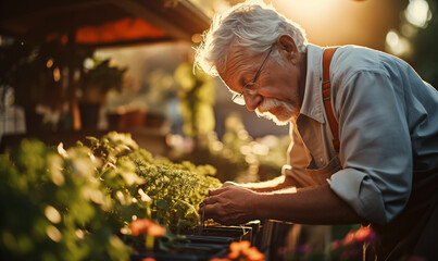 Obraz na płótnie Canvas Golden Years Gardening: Content Senior Citizen Cultivates Greenery in Their Own BackYard