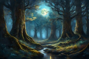 An exquisite masterpiece painting of a mysterious, moonlit forest with ancient trees and ethereal...