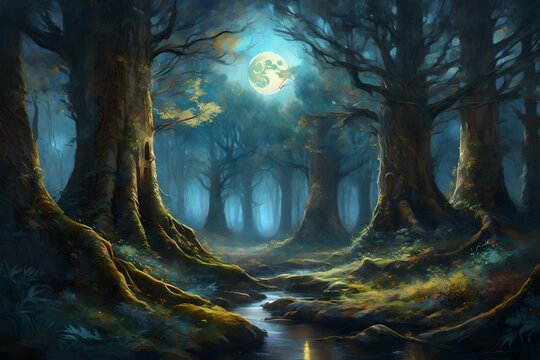 An exquisite masterpiece painting of a mysterious, moonlit forest with ancient trees and ethereal creatures