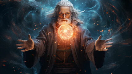 Artistic Portrayal of an Aged Male Wizard Channeling Magical Energy Surrounded by an Aura of Electric Blue and Darkness - obrazy, fototapety, plakaty