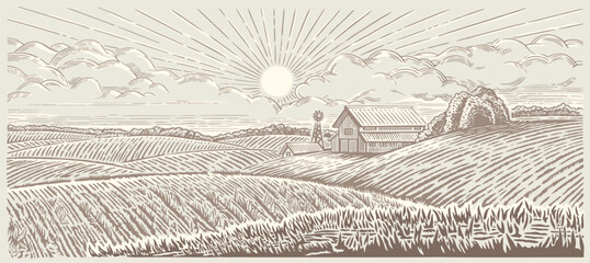 Rural, morning landscape with a farm. Illustration in engraving style. - obrazy, fototapety, plakaty