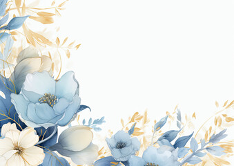 fondo ramo floral con espacio vacio para texto, en tono azul  y beige sobre fondo blanco - obrazy, fototapety, plakaty